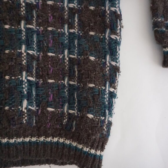 Vintage Wool Brown Teal Textured Grid Knit Sweater Cabincore Retro 80s/90s L - Picture 5 of 10
